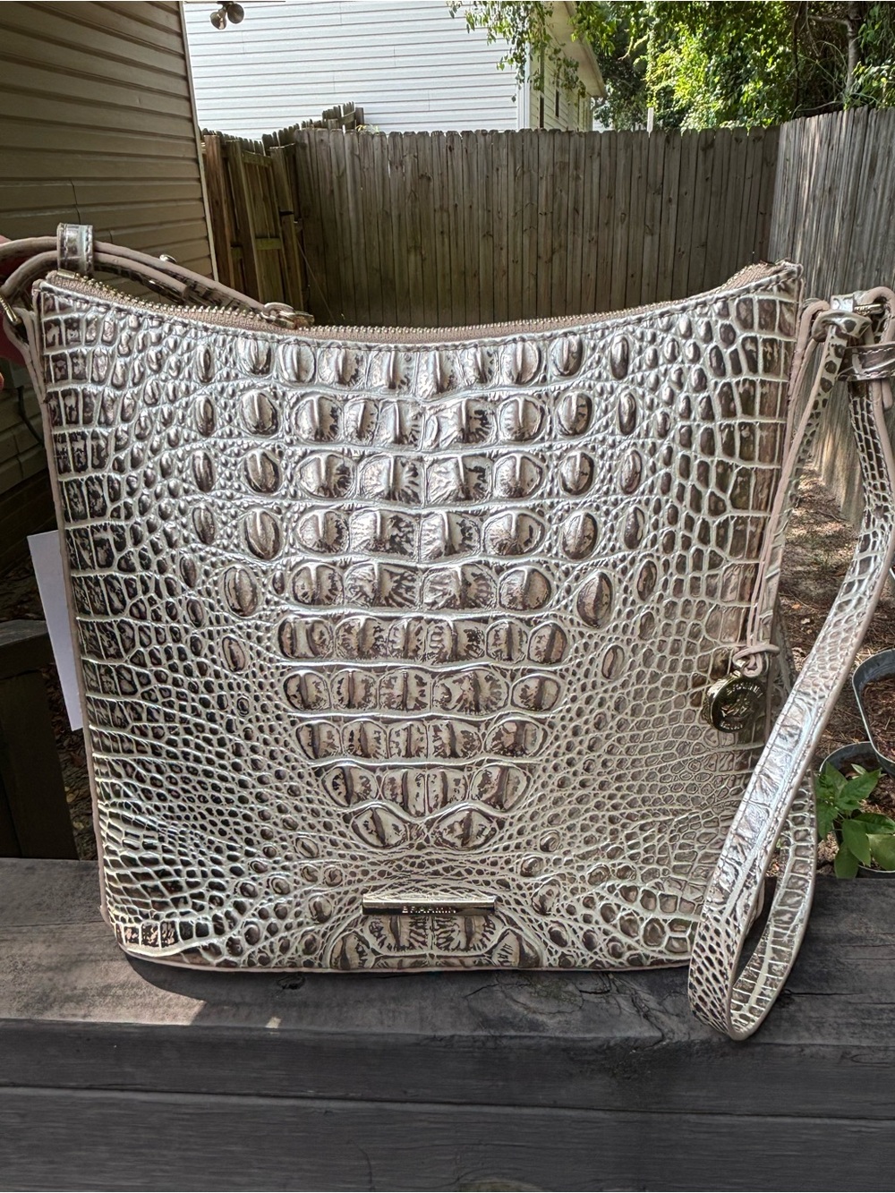 Brahmin Katie Golden Glow Metallic Croc-Embossed Shoulder Bag